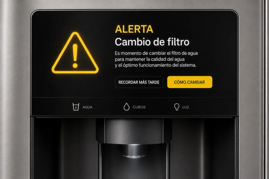 Alerta de cambio de filtro en el panel de la nevera Samsung